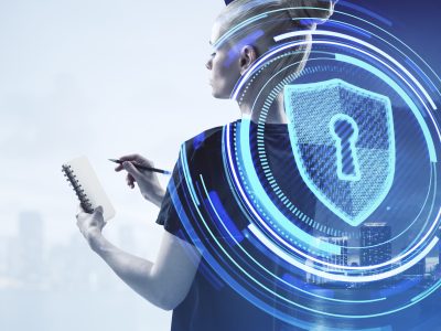 Portrait of young european blonde woman using cellphone with abstract padlock button on city background. Web safety, protection and digital technology concept. Double exposure